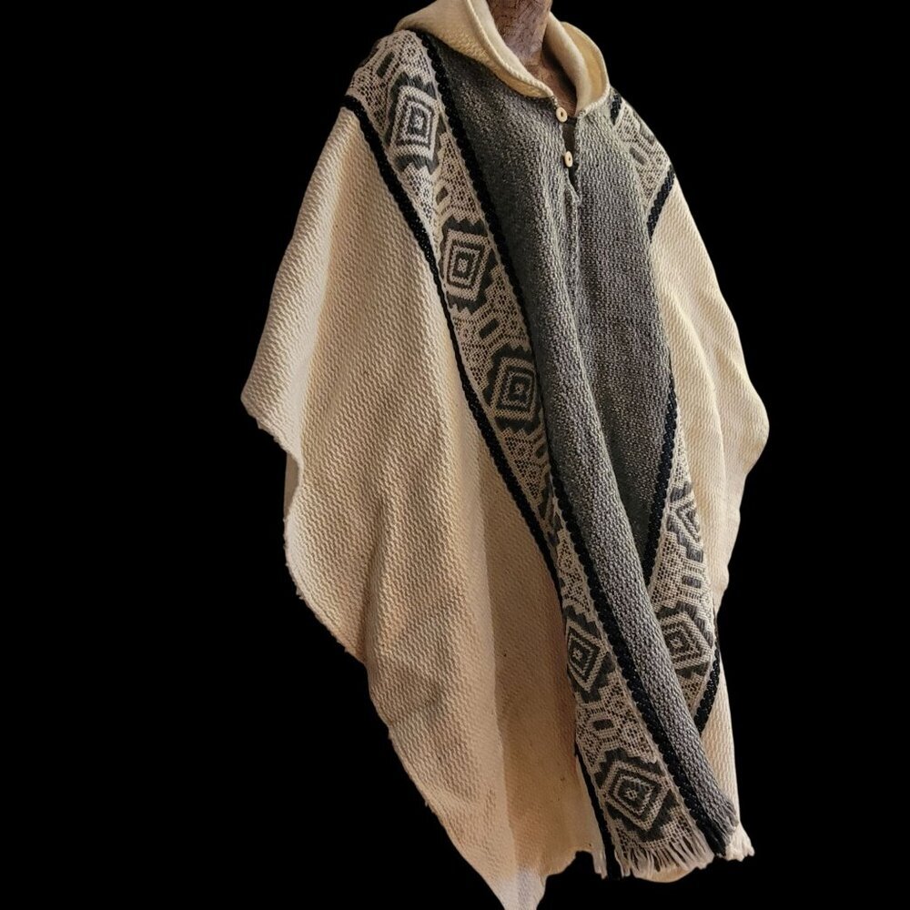 Wool Blend Poncho/Cape Boho With Geometric Pattern Hood & Buttons Beige & Gray - Picture 2 of 14